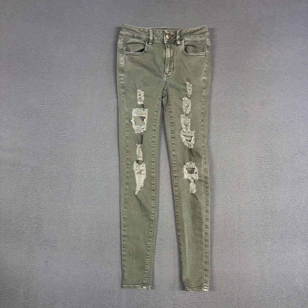 American Eagle Jeans Womens 00 Green Skinny Distressed Super Stretch Grunge